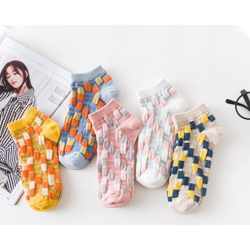 Women Socks Ankle Japanese Colorful Lattice Cotton Casual Girls Student Short Sock Breathable Fashion Ladies Funny Harajuku Sox