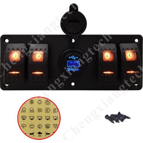 Pre-wired 12V-24V 4 Gang Orange Led Rocker Switch Aluminum Panel with USB Quick Charger Socket + Stickers for Car Rv Bus Boat