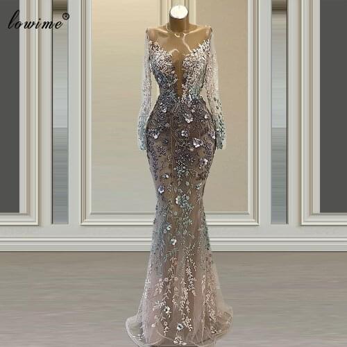 Dubai Transparent Flowers Evening Dresses 2021 Long Sleeves Beads Celebrity Dresses For Women Party Night Robes De Bal Custom