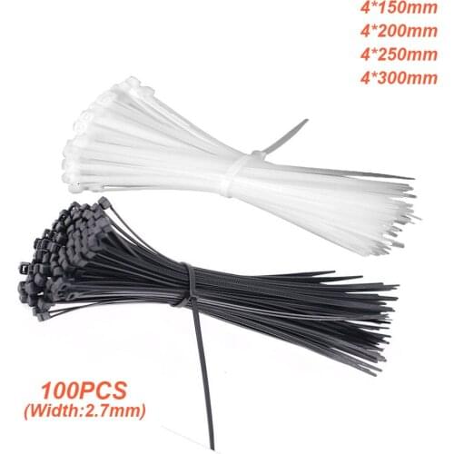 100pcs Self-locking Nylon Cable Ties White Black 4*150/200/250/300 Plastic Zip Ties Fasten Loop Cable Wire Wrap Strap