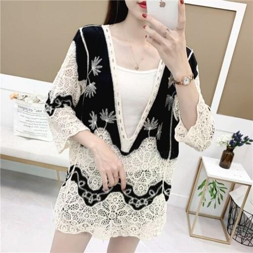 Sexy Women Loose Blouse Sunscreen Hollowed Blouse See Through Embroidery Shirt White Black
