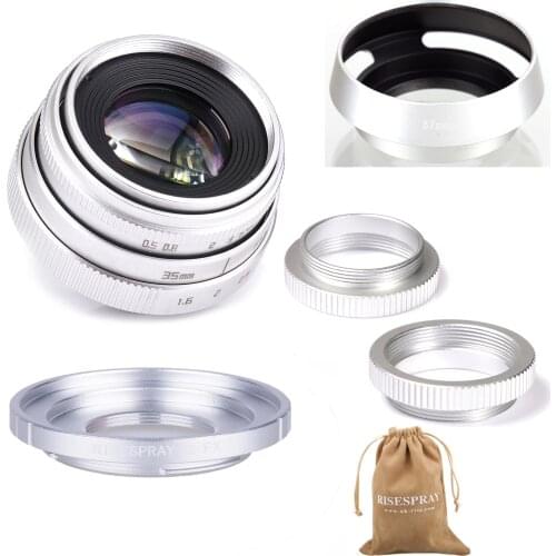 Silver Mini 35mm f/1.6 APS-C CCTV Lens+adapter ring+2 Macro Ring+lens hood for Fujifilm X Mount Mirroless Camera XT10/XT20/XT30