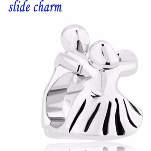 Slide charm Free shipping Mothers Day gift Mom and Dad dancing amulet charm beads fit Pandora bracelet