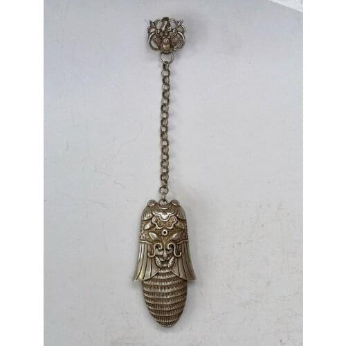 YIZHU CULTUER ART Collection Old China Copper Silver Carving Cicada Bat Ancient Needle Sac Pendant