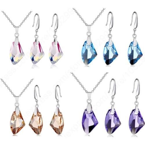 Austrian Crystal Stone 925 Sterling Silver Jewelry Pinch Bail Earring Pendant Necklace Set 18" ROLO Chains