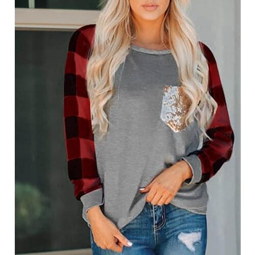 Long Sleeved T-shirt Ladies Tops Autumn Tops For Women Casual Pullovers Fashion Casual Plaid Printed Round Neck Dropshipping