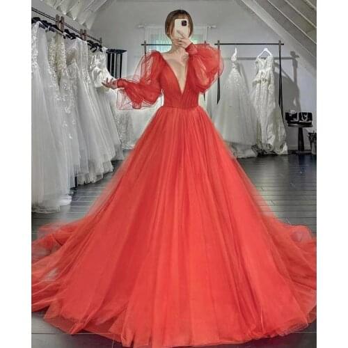 BEPEITHY New V Neck Long Sleeves Prom Evening Dresses For Wedding-Party Ball Gown Tulle Red Bride Formal Gown Robe De Soiree