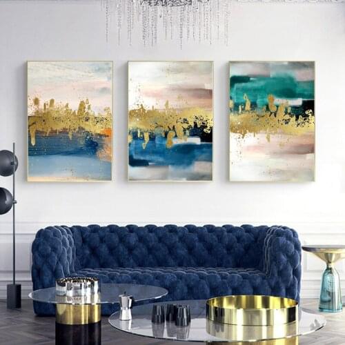 Golden Green Blue Landscape Wall Art Modern Posters and Prints Abstract Canvas Painting Pictures for Living Room Interior Decor