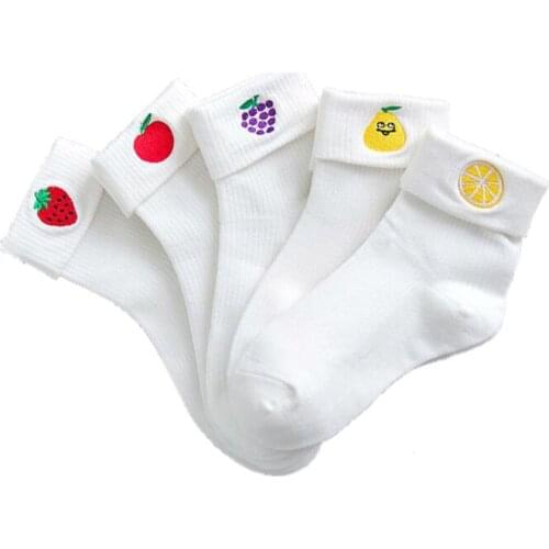2 Pair Women Embroidery Fruit White Socks Sweet Cute Apple Pear Daily Casual Comfortable Breathable Sock For Girl Lady Female
