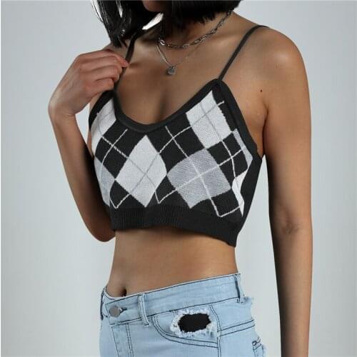 2021 New Style Womens Sexy Argyle Printed Camisole Vest Female Sleeveless Spaghetti Strap Knitted Crop Tops Tanks