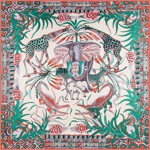 2021High quality luxury 130*130cm twill 100% silk scarf female twill elephant giraffe print fashion silk scarf sunscreen shawl