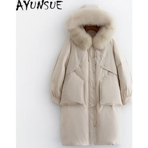 AYUNSUE Womens Jacket Winter Natural Fox Fur Collar Hooded Parkas Woman White Duck Down Jackets Female Coats Ropa Mujer TN263