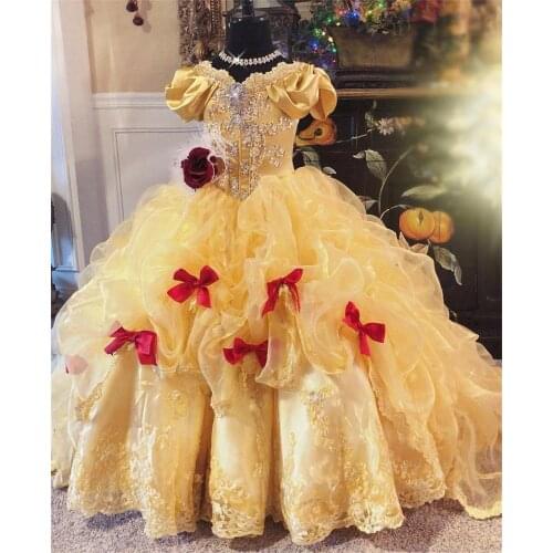 Off Shoulder Golden Yellow Flower Girls Princess Ball Gowns Puffy Girls Birthday Pageant Photography Princess Gowns Custom