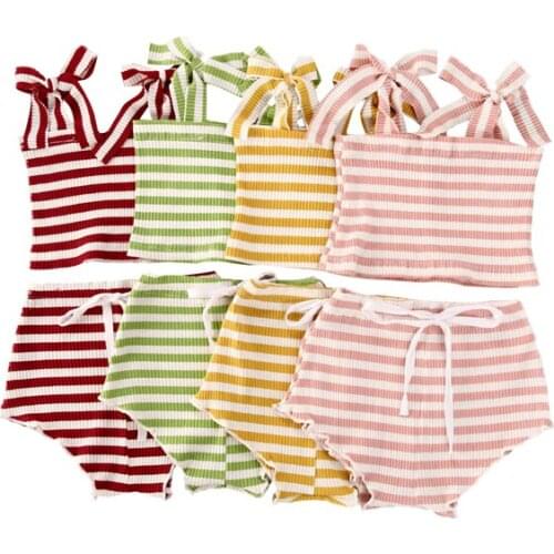 0-24M Newborn Infant Baby Boys Girls Clothes Sets Striped Print Sleeveless Belt Vest Tops+Shorts 4 Colors