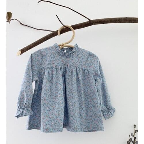 Korean Style New 2020 Autumn Baby Girls Blue Floral Blouses Long Sleeve Kids Tops Toddlers Children Shirts