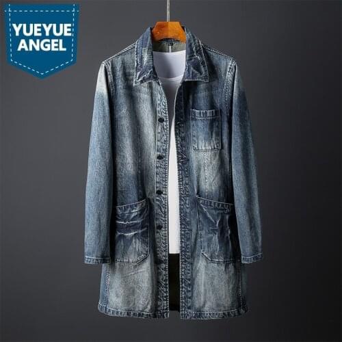 New Brand Autumn Mens Medium Length Denim Jackets Long Sleeve Single Breasted Pockets Plus Size Trench Coats Chaqueta Hombre