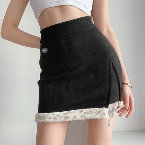 Y2K Faux Fur Trim Mini Skirt High Waist Fitted Pencil Skirts Women e-girl Aesthetic Clothes
