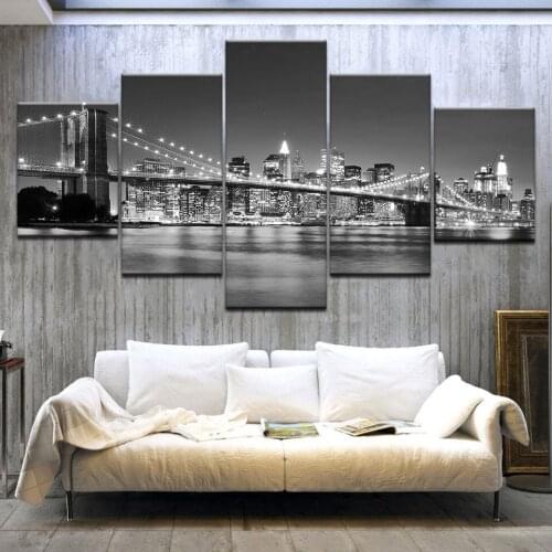 HD Prints 5 Piece Canvas Paintings Modular Frame Home Decor New York Moonscape Pictures Brooklyn Bridge Poster Wall Art Bedroom