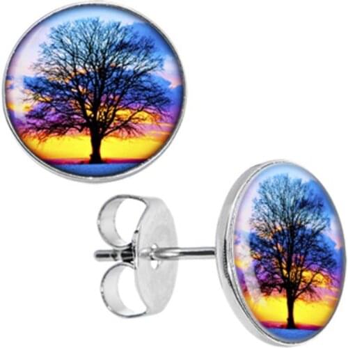 Wholesale Stud Earrings Green Sunset Tree Stainless Steel Ear Studs Cheater Fashion Jewelry Unisex Earring 8mm 10mm AW5116