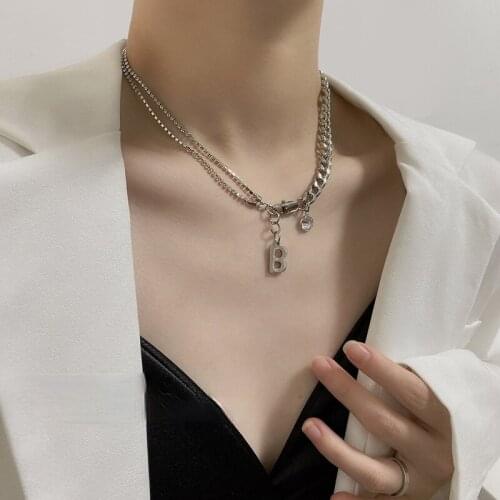 VSnow Hiphop Hollow Stainless Steel Letter B Asymmetric Pendant Necklace for Women Cool Rhinestone Chunky Chain Necklace Jewelry