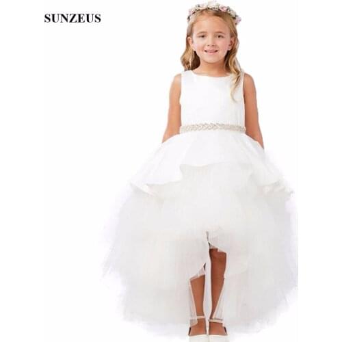 High Low Flower Girl Dress Short Front Long Back White Girls Dress For Wedding Satin Tank Party Gowns With Beaded Belt FLG064