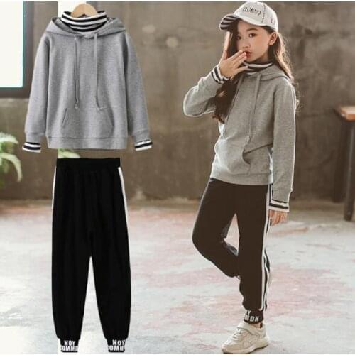 Teenage Girls Sportwear 2 Piece Sets Hooded Loose Sweatshirt+Sweatpants Spring Autumn Children Kids Casual Tracksuits 4-13T