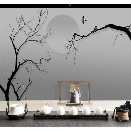 Professional custom wallpaper new Chinese style Zen hand-painted ink abstract tree TV background wall decoration painting