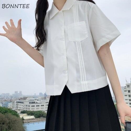 Shirts Women Students Pure Color Loose Female Girlfriend Turn Down Collar Kawaii Korean Style Chic Casual Cozy Pocket Mujer Ropa