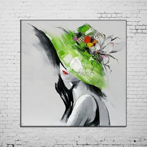 Most Popular Wall Decoration Hand Painted Abstract Modern Lady With Green Hat Oil Painting Modern Beauty Lady Canvas Painting