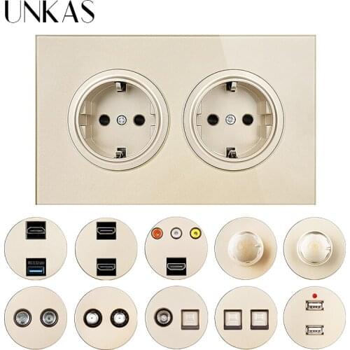 UNKAS Dual EU Gold Glass Panel Socket + HDMI-Compatible Port USB TV RJ11 Telephone RJ45 Computer Dimmer Fan Regulator Switch