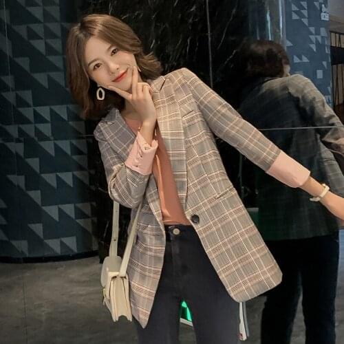2021 spring Korean mid-length small suit plaid business small suit casual slim coat female