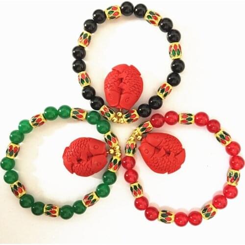 Vintage black red green semi-precious 8mm round jades bracelet cinnabar fishes pendant beads gold-color jewelry 7.5inch B1410
