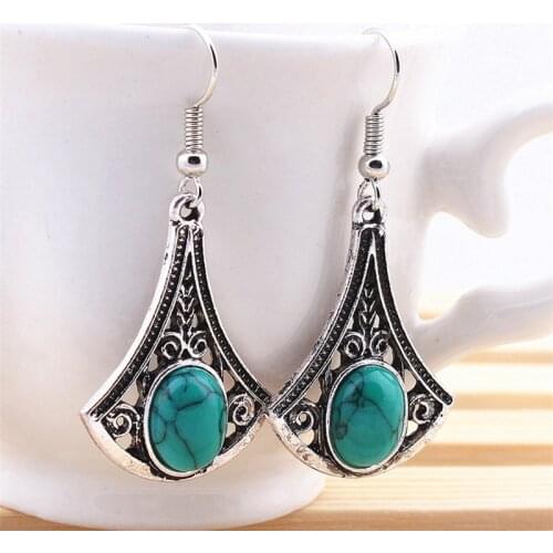 Vintage Tibetan Silver Color Natural Stone Women Statement Leaves Pendant Earrings Hollow Out Drop Dangle Earrings For Women