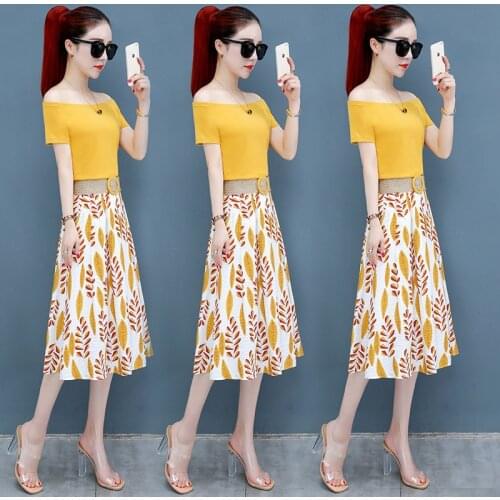 Women Summer T Shirt 2-piece Set Off shoulder Basic Tees+High Waist Leaf Print Skirt Sets Fashion Suit With Free Braided Belt
