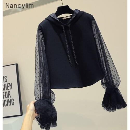 Hooded Sweatshirt Women Spring Autumn Point Embroidery Hollow-out Horn Sleeve Crop Top Hoodie Students Black Hoodies Femme