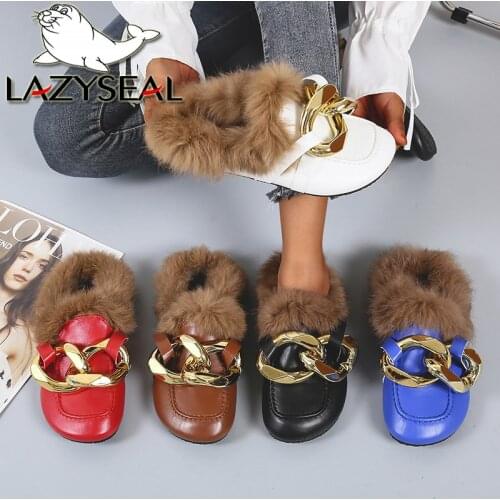 LazySeal Winter Real Fur Metal Chain Mules Women Shoes Loafers Round Toe Casual Shoes Women Furry Slides Fluffy Hairy Flip Flops