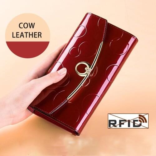Ladies Purse Genuine Leather Long Large Capacity RFID Women Wallet Card Lacquer Billfold Simple Ticket Clutch Bag