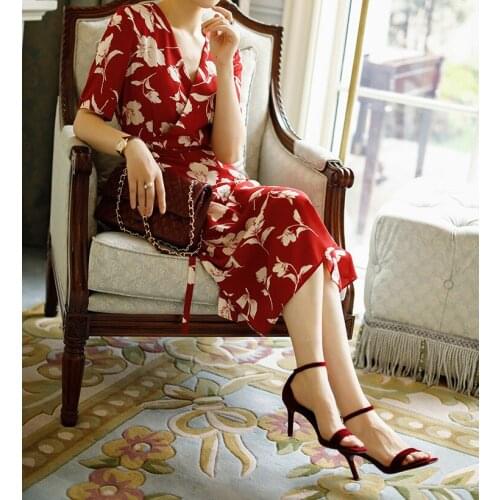 ElfStyle Female 2020 Wrap V Neck Short Sleeve Floral Printed Midi Dress With Waist Ties - Women Newest Causal Dress