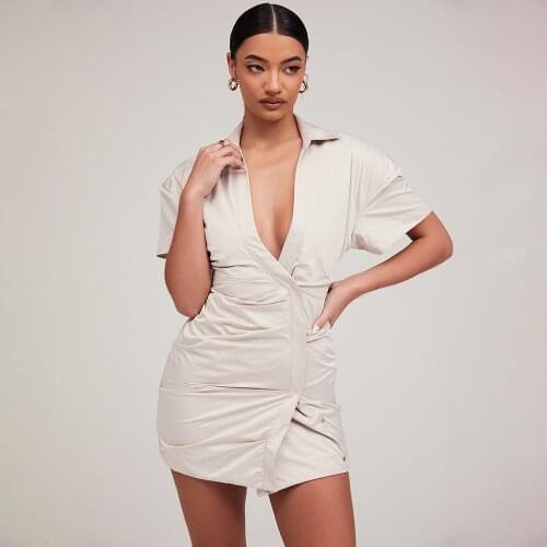 Women Short Sleeve Shirt Dress With Pleated Decoration,Summer New Style Sexy Fashion Low Cut Skinny Fit Ladies Dress