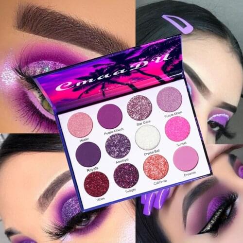 12 Colors Purple Neon Pigments Matte Eyeshadow Palette Christmas Matte Glitter Shiny Eyeshadow Makeup Pelette Purple Eye Shadow