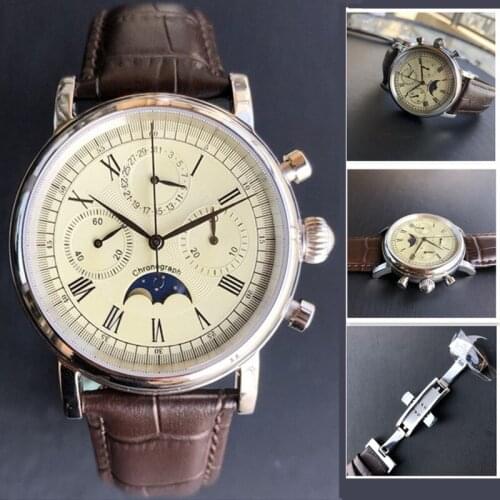 Sapphire Dial Pilot Chronograph Watch 1963 Original ST1908 seagull Movement Men Mechanical Watches Calendar Moon phase Top Brand