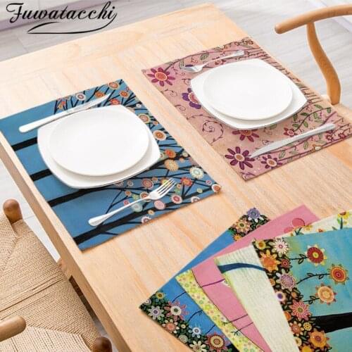 Fuwatacchi Tree Flower Decor Placemats For Dining Table Pads Linen Non-slip Mat Kitchen Decorative Cup Coaster Xmas Cork Napkins