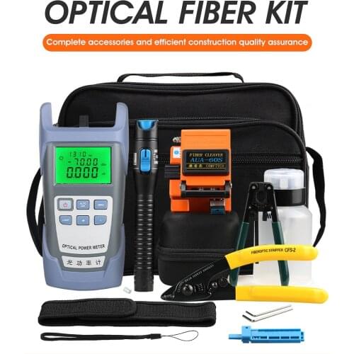 FTTH Fiber Optic Tool Kit 14pcs/set AUA-60S Fiber Cleaver -70~+10dBm Optical Power Meter 5km Laser Pen
