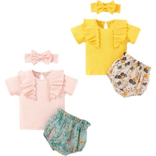2021 New Summer 0-24M Baby Girl 3Pcs Set Ruffled Solid Color Short Sleeve Top+Floral Print Pants+Headband Toddler Clothes