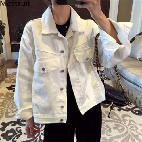 White Korean Denim Coats Jackets Women Long Sleeve Single-breasted Pockets Tops Solid Fashion Casual Loose Ladies Jackets 2020