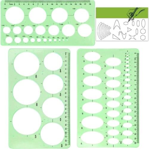 3 Styles rulers Green Plastic Circles Geometric Template Ruler Stencil Measuring Tool Stationery Students Drawing Curve Ruler