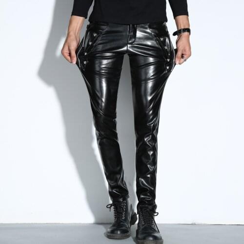 2021 Mens Casual Slim Trousers Teenagers Rivet Zipper Motorcycle PU Leather Tights