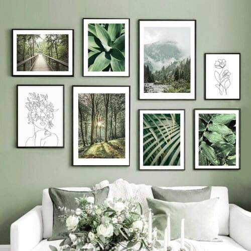 Forest Mountain Green Leaves Nature Landscape Poster Canvas Paintings Wall Art Print Pictures for Living Room Home Decoration
