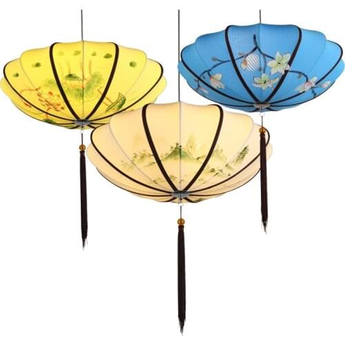 New Chinese Chandelier Simple Modern Creative Restaurant Hotpot Hotel Antique Cloth Hand-painted Lantern