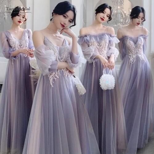 New Purple Bridesmaid Dresses 2021 Long Elegant Tulle With Sleeves A Line Mismatched Prom Dress Formal Wedding Party Gown JQ823